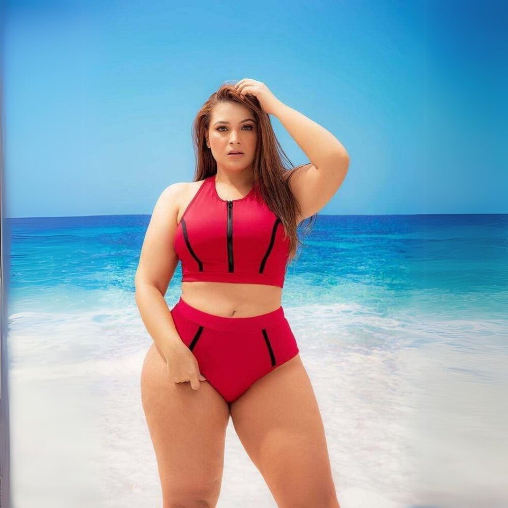 NWT Red Zipper Front Razor Back Top & Bikini Bottom Swimwear Plus Size